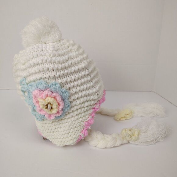 Handmade Crochet Pastel Beanie Winter Hat Older Child / Small Adult Flowers #8 - Picture 4 of 4